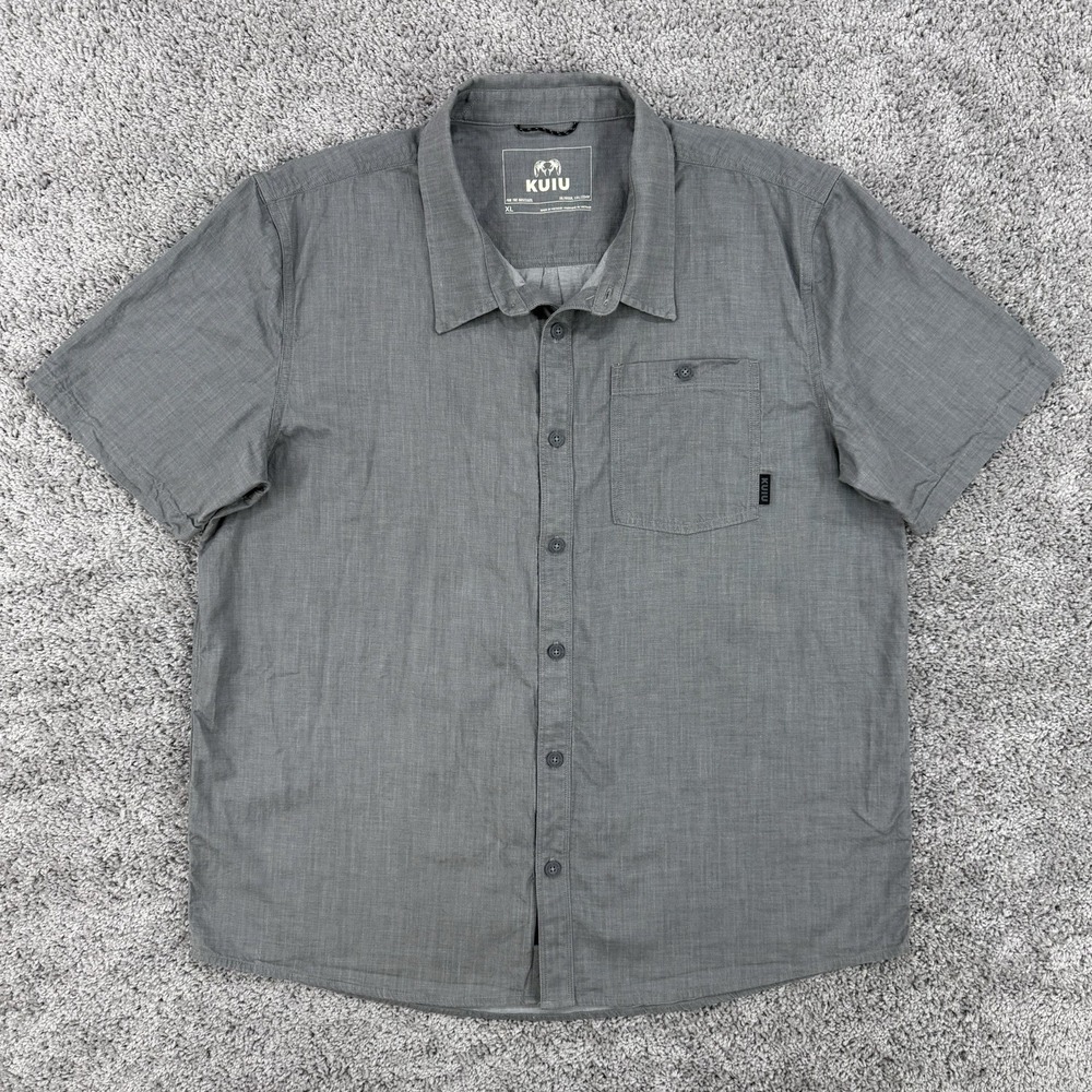 KUIU Terrace Chambray Shirt Men's XL Gray Short Sleeve Organic Cotton Stretch